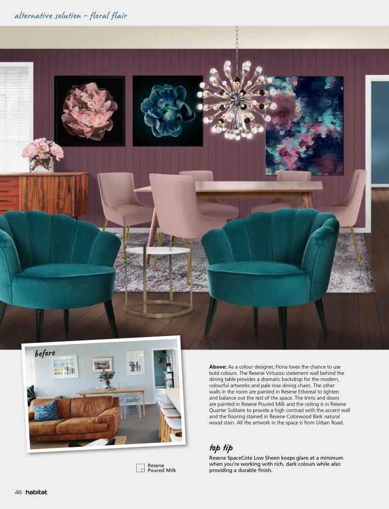 Flow Colour and Design Featured in Resene Habitat Mid Century Modern Meets Vibrant Floral Glamour Flow Colour Colour Consulting Interior Design